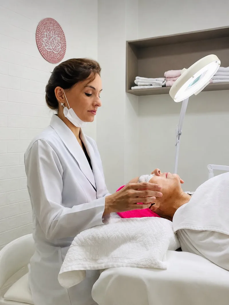 Biomédica Juliana Du realizando protocolo facial em paciente na Estética Lótus Foz